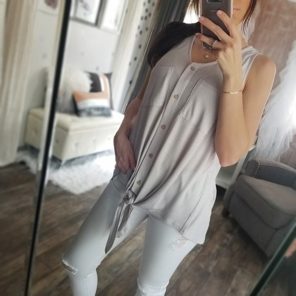 Summer Silver Gray Slinky Pocket Tank Button Top Sleeveless Henley Top - Picture 5 of 8